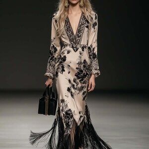 Elegant Black and Cream Floral Dress